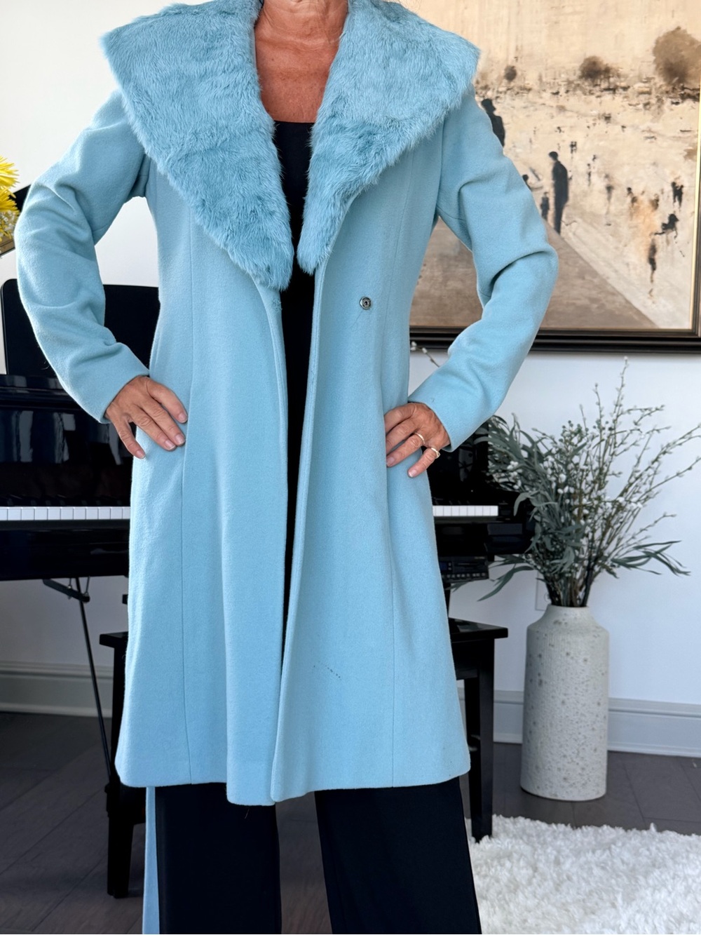 bebe Light Blue Long Trench Coat with Faux Fur Collar